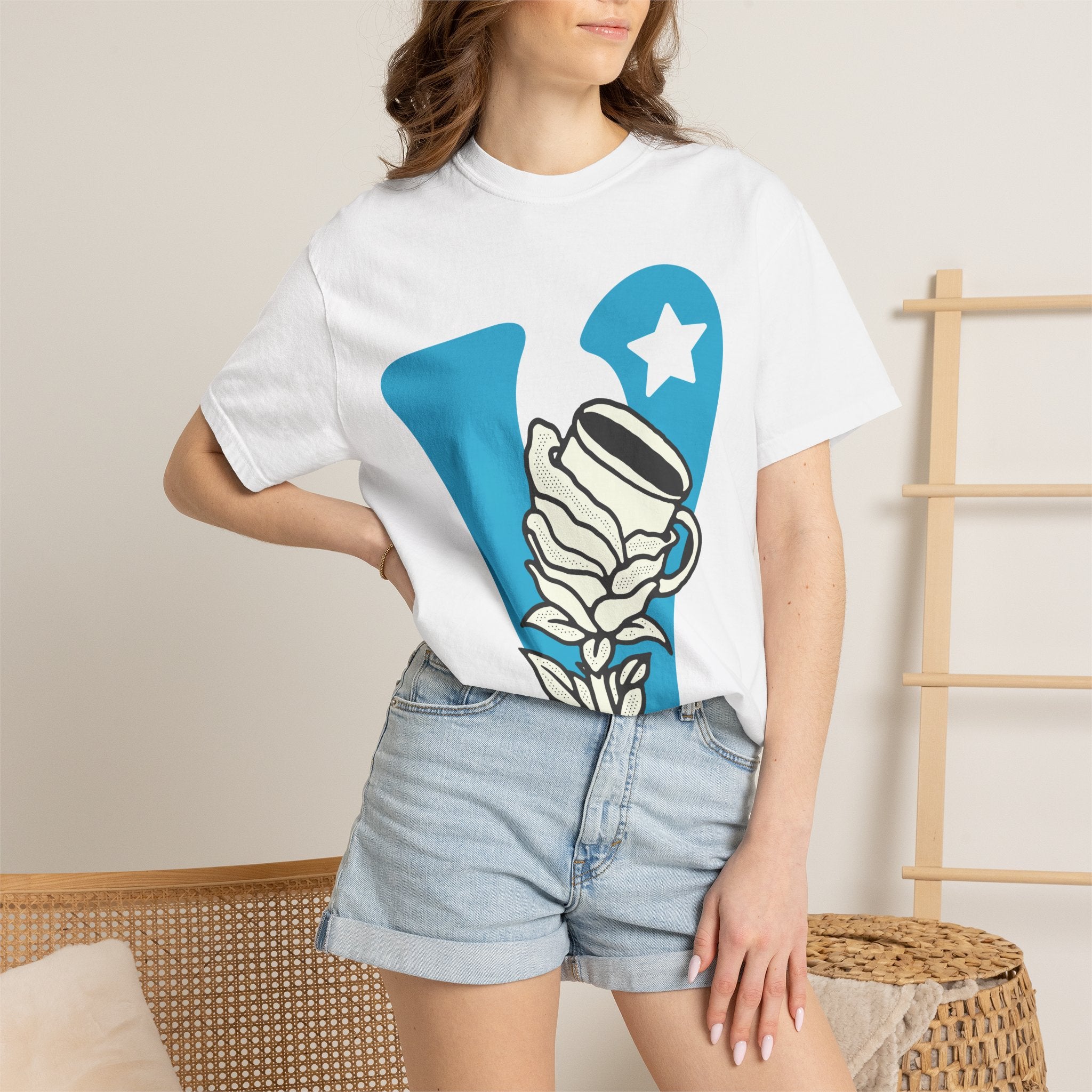 Vintage Coffee Rose Tee — Blue 'V' Graphic T-Shirt