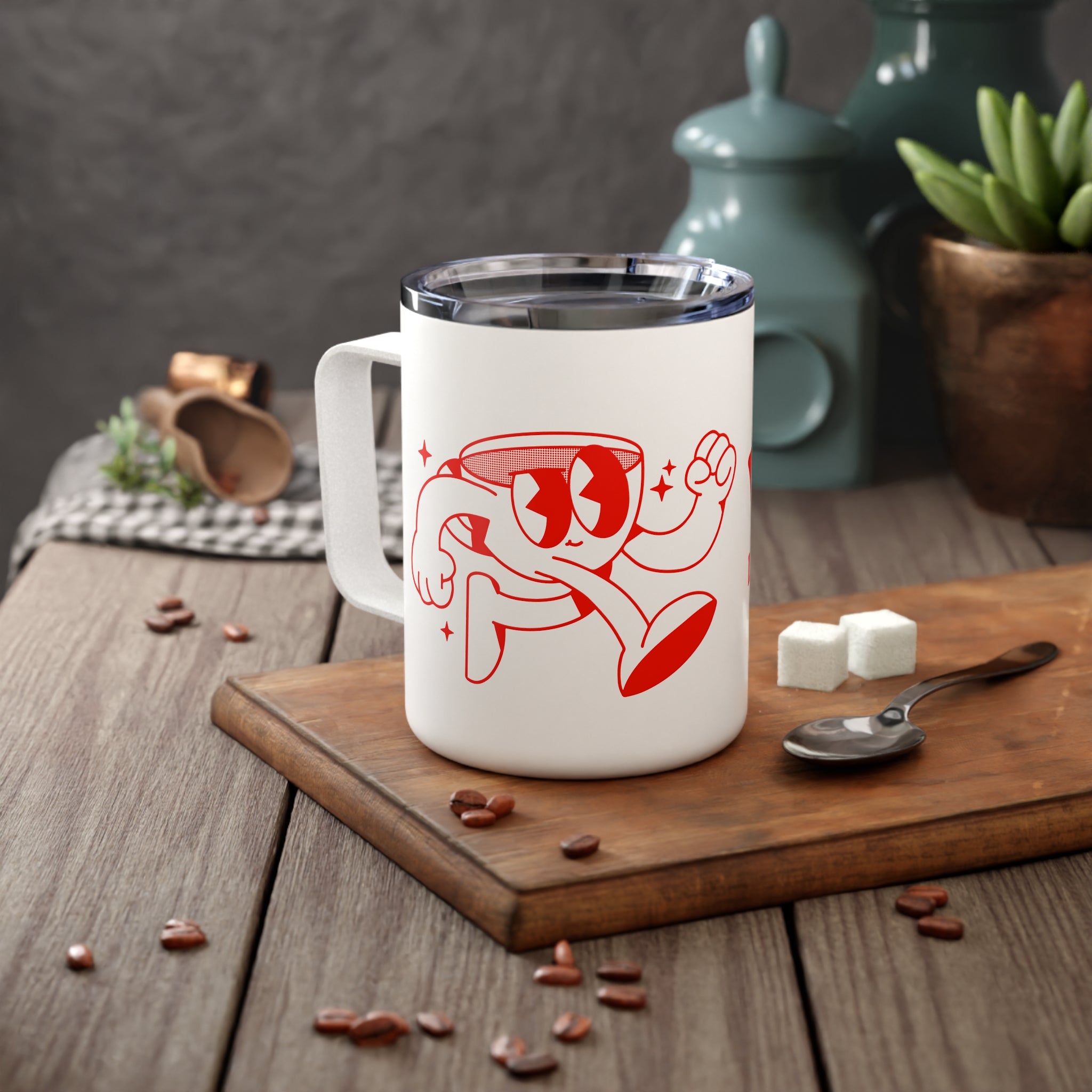 Insulated Coffee Mug 10oz — Retro Red Mascot "Viva La Perk" Travel Tumbler