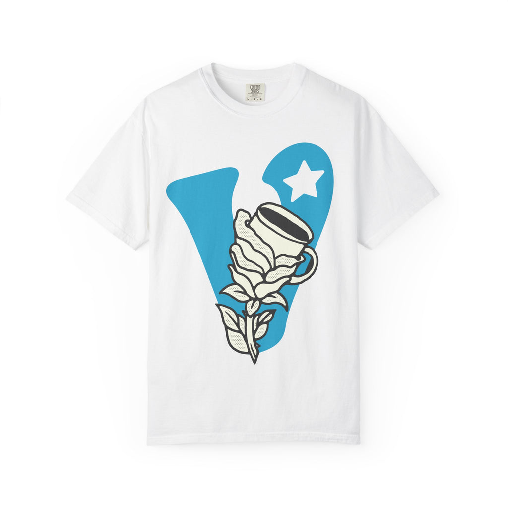 Vintage Coffee Rose Tee — Blue 'V' Graphic T-Shirt