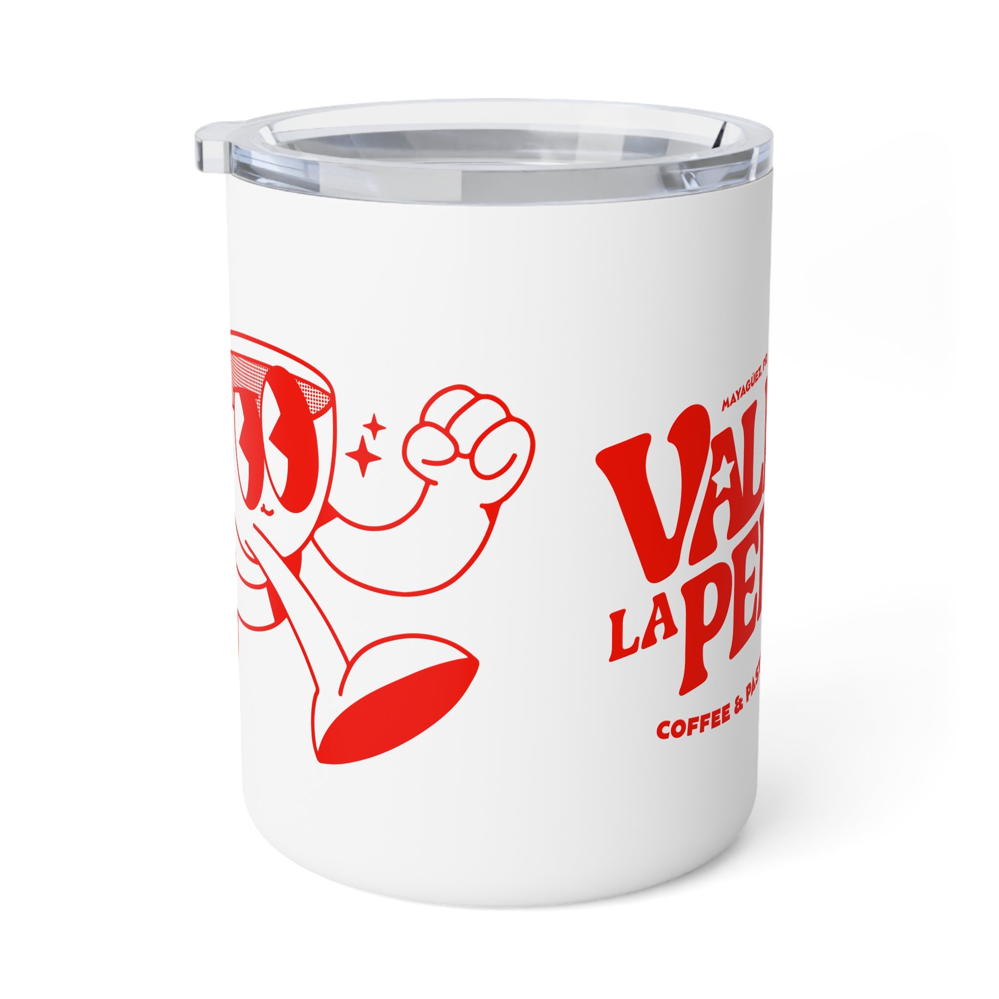 Insulated Coffee Mug 10oz — Retro Red Mascot "Viva La Perk" Travel Tumbler