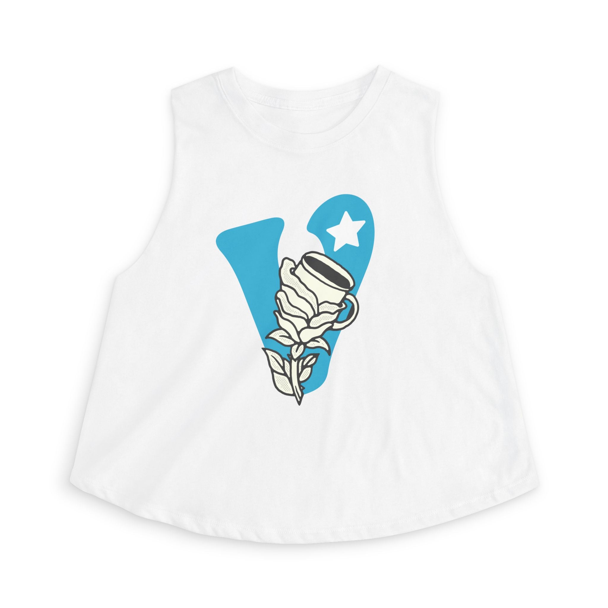 Crop Top — Blue 'V' Coffee & Rose Graphic